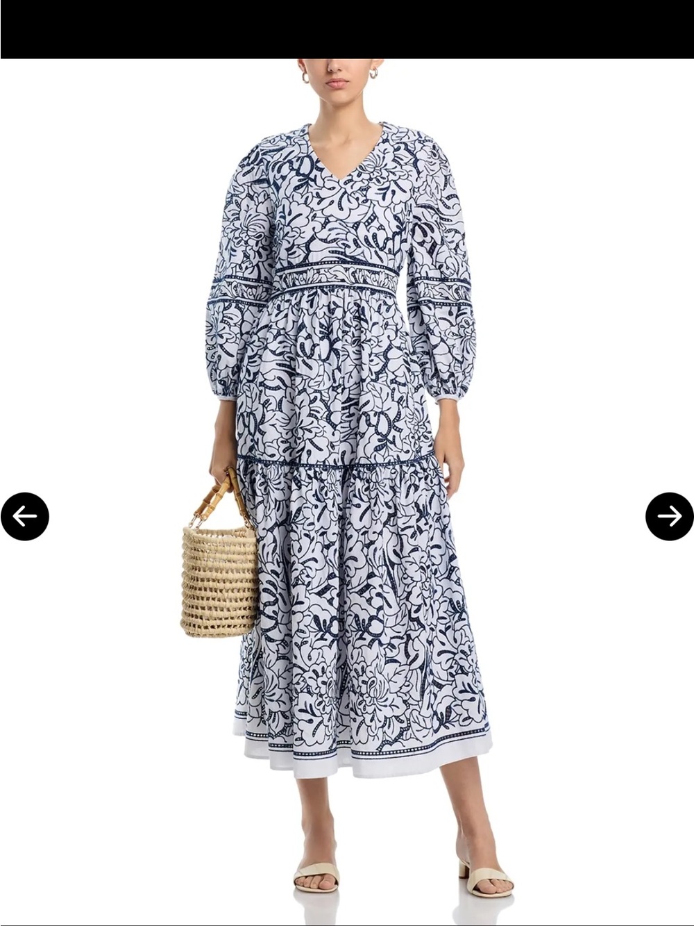 NWT Misook Navy and White Floral V-Neck Tiered Maxi Dress, size L, MSRP 528$